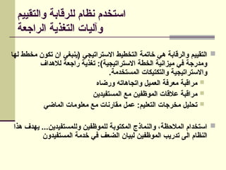 ‫والتقييم‬ ‫للرقابة‬ ‫نظام‬ ‫استخدم‬
‫الراجعة‬ ‫التغذية‬ ‫وآليات‬

‫لها‬ ‫مخطط‬ ‫تكون‬ ‫ان‬ ‫(ينبغي‬ ‫االستراتيجي‬ ‫التخطيط‬ ‫خاتمة‬ ‫هي‬ ‫والرقابة‬ ‫التقييم‬
‫لالهداف‬ ‫راجعة‬ ‫تغذية‬ :)‫االستراتيجية‬ ‫الخطة‬ ‫ميزانية‬ ‫في‬ ‫ومدرجة‬
.‫المستخدمة‬ ‫والتكتيكات‬ ‫واالستراتيجية‬

‫ورضاه‬ ‫واتجاهاته‬ ‫العميل‬ ‫معرفة‬ ‫مراقبة‬

‫المستفيدين‬ ‫مع‬ ‫الموظفين‬ ‫عالقات‬ ‫مراقبة‬

‫الماضي‬ ‫معلومات‬ ‫مع‬ ‫مقارنات‬ ‫عمل‬ :‫التعليم‬ ‫مخرجات‬ ‫تحليل‬

‫هذا‬ ‫يهدف‬ ...‫وللمستفيدين‬ ‫للموظفين‬ ‫المكتوبة‬ ‫والنماذج‬ ،‫المالحظة‬ ‫استخدام‬
‫المستفيدون‬ ‫خدمة‬ ‫في‬ ‫الضعف‬ ‫لبيان‬ ‫الموظفين‬ ‫تدريب‬ ‫الى‬ ‫النظام‬
 