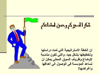 ‫دراستها‬ ‫تمت‬ ‫التي‬ ‫االستراتيجية‬ ‫الخطة‬ ‫ان‬
‫مناسبة‬ ‫تكون‬ ‫والتي‬ ،‫جيد‬ ‫بشكل‬ ‫وتخطيطها‬
‫ان‬ ‫يمكن‬ ‫المحلي‬ ‫السوق‬ ‫وظروف‬ ‫الوضاع‬
‫أهدافها‬ ‫الى‬ ‫الوصول‬ ‫في‬ ‫المؤسسة‬ ‫تساعد‬
!‫واغراضها‬
 