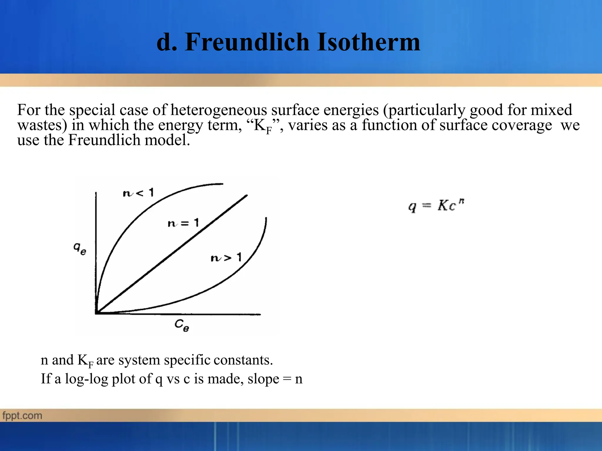 For the special case of heterogeneous surface energies (particularly good for mixed
wastes) in which the energy term, “KF”, varies as a function of surface coverage we
use the Freundlich model.
n and KF are system specific constants.
If a log-log plot of q vs c is made, slope = n
d. Freundlich Isotherm
 