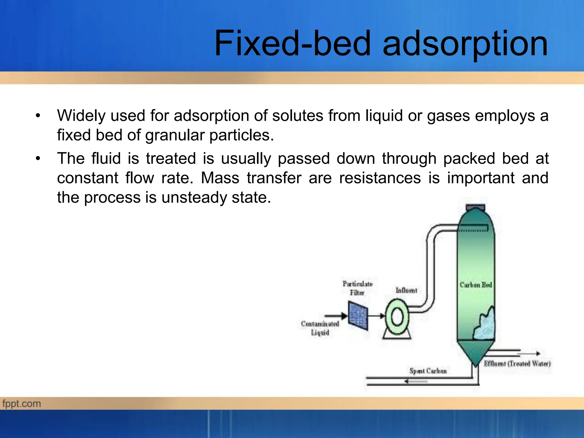 Fixed-bed adsorption
• Widely used for adsorption of solutes from liquid or gases employs a
fixed bed of granular particles.
• The fluid is treated is usually passed down through packed bed at
constant flow rate. Mass transfer are resistances is important and
the process is unsteady state.
 