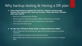 Why backup testing & Having a DR plan
 Many organizations recognize the need for a disaster recovery plan;
however the majority don’t have one in place. Those that have a DR plan
often don’t test it.
• 80% of U.S. companies lack a DR plan
• 50% of small and midsized businesses (SMBs) worldwide have no DR plan
• 72% of SMBs worldwide that have a DR plan have never tested it
• 25% of reported DR tests fail
 So why aren’t DR plans being tested, or being tested more often?
• 40% of SMBs fear that DR testing will impact their business operations and their
customers
• 27% of SMBs fear disruption to their sales and revenue
• 48% of SMBs claim that they lack the resources to test their DR plans on a regular
basis
 