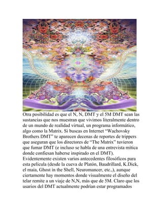 Otra posibilidad es que el N, N, DMT y el 5M DMT sean las
sustancias que nos muestran que vivimos literalmente dentro
de un mundo de realidad virtual, un programa informático,
algo como la Matrix. Si buscas en Internet “Wachovsky
Brothers DMT” te aparecen decenas de reportes de trippers
que aseguran que los directores de “The Matrix” tuvieron
que fumar DMT (e incluso se habla de una entrevista mítica
donde confiesan haberse inspirado en el DMT).
Evidentemente existen varios antecedentes filosóficos para
esta película (desde la cueva de Platón, Baudrillard, K.Dick,
el maia, Ghost in the Shell, Neuromancer, etc.,), aunque
ciertamente hay momentos donde visualmente el diseño del
telar remite a un viaje de N,N, más que de 5M. Claro que los
usarios del DMT actualmente podrían estar programados
 