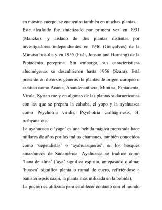 en nuestro cuerpo, se encuentra también en muchas plantas.
Este alcaloide fue sintetizado por primera vez en 1931
(Manzke),    y   aislado   de   dos    plantas   distintas     por
investigadores independientes en 1946 (Gonçalves) de la
Mimosa hostilis y en 1955 (Fish, Jonson and Horning) de la
Piptadenia peregrina. Sin embargo, sus características
alucinógenas se descubrieron hasta 1956 (Szára). Está
presente en diversos géneros de plantas de origen europeo o
asiático como Acacia, Anandenanthera, Mimosa, Piptadenia,
Virola, Syrian rue y en algunas de las plantas sudamericanas
con las que se prepara la cahoba, el yopo y la ayahuasca
como Psychotria viridis, Psychotria carthaginesis, B.
rusbyana etc.
La ayahuasca o ‘yage’ es una bebida mágica preparada hace
millares de años por los indios chamanes, también conocidos
como ‘vegetalistas’ o ‘ayahuasqueros’, en los bosques
amazónicos de Sudamérica. Ayahuasca se traduce como
‘liana de alma’ (‘aya’ significa espíritu, antepasado o alma;
‘huasca’ significa planta o ramal de cuero, refiriéndose a
banisteriopsis caapi, la planta más utilizada en la bebida).
La poción es utilizada para establecer contacto con el mundo
 