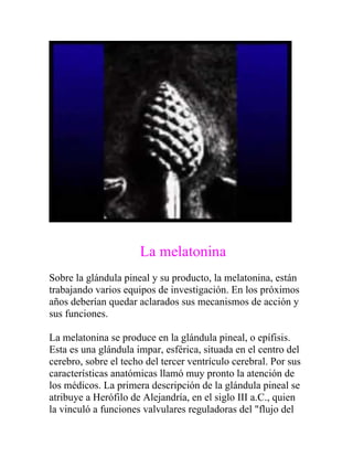 La melatonina
Sobre la glándula pineal y su producto, la melatonina, están
trabajando varios equipos de investigación. En los próximos
años deberían quedar aclarados sus mecanismos de acción y
sus funciones.

La melatonina se produce en la glándula pineal, o epífisis.
Esta es una glándula impar, esférica, situada en el centro del
cerebro, sobre el techo del tercer ventrículo cerebral. Por sus
características anatómicas llamó muy pronto la atención de
los médicos. La primera descripción de la glándula pineal se
atribuye a Herófilo de Alejandría, en el siglo III a.C., quien
la vinculó a funciones valvulares reguladoras del "flujo del
 