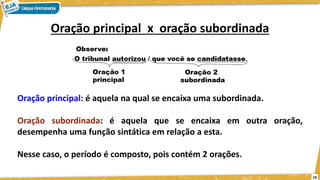 19
Oração principal x oração subordinada
Oração principal: é aquela na qual se encaixa uma subordinada.
Oração subordinada: é aquela que se encaixa em outra oração,
desempenha uma função sintática em relação a esta.
Nesse caso, o período é composto, pois contém 2 orações.
 