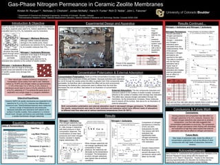 Nitrogen + Isobutane and Nitrogen + Isobutene:
Nitrogen Permeance:
Table of Nomenclature:
Gas-Phase Nitrogen Permeance in Ceramic Zeolite Membranes
Kirsten M. Runyan1,2 , Nicholas O. Chisholm1, Jordan McNally1, Hans H. Funke1, Rich D. Noble1, John L. Falconer1
1 Department of Chemical and Biological Engineering, University of Colorado , Boulder, Colorado
2 Thermodynamics Research Center, Materials Measurement Laboratory, National Institute of Standards and Technology, Boulder, Colorado 80305-3328
Equation Development
Experimental Design and Apparatus Results Continued…
Conclusions & Future Work
Conclusions:
Future Work:
Results
SAPO-34 zeolite membranes synthesized by in-situ crystallization
on α-Al2O3 supports were used in N2 mixture separations. Mixtures
evaluated were N2+CH4, N2+isobutane, and N2+isobutene.
isobutane also adsorbs to the surface of zeolite crystals.
Nitrogen + Isobutene Mixtures:
isobutene is also too large to fit through
zeolite pores and adsorbs to the surface
of zeolite crystals more strongly than
isobutane.
Applications:
Objective/Hypothesis:
Introduction & Objective
Symbol Equipment
V Valves
P Pressure Gauges
F Flow meter
BF Bubble Flow meter
GC Gas Chromatograph
M Zeolite Membrane
Acknowledgements
Many thanks for contributions and guidance from members of the
Falconer Research Group along with the support and
direction of Dr. Mark P. Stoykovich. Thanks to the Discovery
Learning Apprenticeship (CU Boulder) for funding and the
opportunity to work with DLA student Jordan McNally.
0
5
10
15
20
25
30
35
40
0 50 100 150
PercentDecrease(%)
Temperature (deg °C)
Percent Decrease in N2 in Mixtures of 10%
Isobutene at Various Flow Rates
600 sccm
300 sccm
75 sccm
0.5
1.0
1.5
2.0
0.0
0.0
0.0
0.0
0.0
0 5 10 15 20 25
N2Permeancex10-7
(mol/m2/s/Pa)
Time (minutes)
Sample N2 Permeance Measurements at 50
degrees °C and 300 sccm
V-2
V-6
V-1
V-7
V-4
V-5
P-7
GC
BF-1 BF-2
M
F
F-1
F
F-2
V-8
F
F-5
P-1
P-2
P-3
V-10 V-9
F
F-3V-3
F
F-4
Temp.
(°C)
Flow
rate
(sccm)
Iso-
Butane
Iso-
Butene
20
75 20.4 25.4
300 15.4 28.4
600 18.6 36.7
50
75 12.8 23.3
300 11.5 21.3
600 13.9 23.9
100
75 13.3 25.6
300 10.9 17.2
600 11.3 15.6
150
75 14.2 24.9
300 12.1 16.7
600 11.8 12.4
0
5
10
15
20
25
30
35
40
0 100 200
PercentDecrease(%)
Temperature (°C)
75 sccm
iso-Butene
iso-Butane
0
5
10
15
20
25
30
35
40
0 100 200
600 sccm
Zeolite crystalline
structure has small
pores through which
compounds may
permeate
Nitrogen + Methane Mixtures:
Although neither molecule adsorbs
strongly to the zeolite pores, these
membranes are selective for N2 because
N2 is a smaller molecule than CH4.
Nitrogen + Isobutane Mixtures:
isobutane is too large to fit through the
zeolite pores, making the
Membrane highly selective for N2.
Process
Flow
diagram
(left) for the
low
pressure
membrane
system used
for testing
with a list of
equipment
(below).
Picture of the apparatus
used for testing (left).
Raw natural gas contains numerous components.
Composition varies widely from well to well. Methane
makes up 75-90% and nitrogen makes up approximately
4-14% of the total. For a 10% N2 in CH4 mixture a
membrane would need to have a CH4/N2 selectivity of 6 or
a N2/CH4 selectivity of 17 to achieve the same level of
separation as a single stage in a cryogenic distillation
column
Ceramic SAPO-34 zeolite membranes are expected to be
selective for N2 in N2+CH4 mixtures due differences in
compound size. Selectivites/permeances were measured
across a range of temperatures and pressures.
Because isobutane and isobutene both adsorb to the
surface of zeolite crystals, there presence in a mixture
should lower nitrogen permeance and potentially increase
a zeolite membranes nitrogen selectivity.
Concentration Polarization & External Adsorption
Wall Concentration
Cw
Bulk Concentration
Cb Permeate
Concentration Cp
x = 0 x = δ
BOUNDARY LAYERFEED
PERMEATE
Solution Bulk
Flow
Membrane
Symbol Description
αij
Selectivity of component i in a binary
mixture of i and j
J Total flux through the membrane
PLM,i
Log Mean Partial Pressure of
component I across the membrane
PF Feed Pressure
PP Permeate Pressure
PR Retentate Pressure
xF,i
Mole fraction of component i in the
feed
xP,i
Mole fraction of component i in the
permeate
xR,i
Mole fraction of component i in the
retentate
Q Total volumetric flow rate into the
system
Am Surface area of the membrane
PA Ambient Pressure
TA Ambient Temperature
R Ideal Gas Constant
Total Flux: J =
Q P
Am T R
Log Mean Pressure:
PLM,i =
PF xF,i − xR,i
ln
PF xF,i − PP xP,i
PF xR,i − PP xP,i
Permeance of species, i:
Perm, i =
J xP,i
PLM,i
Selectivity of i (mixture of i+j):
αij =
Perm, i
Perm, j
FEED
Boundary
Layer
PERMEATE
PERMEATE
Nitrogen + Isobutane:
0
5
10
15
20
25
30
35
40
0 50 100 150 200
PercentDecrease(%)
Temperature °C
Percent Decrease in N2 Permeance in Mixtures
of 10% isobutane at Various Flow Rates
300 sccm
75 sccm
600 sccm
Concentration Polarization: Build-up of the concentration boundary layer near
the surface of the membrane inhibits permeation. Because isobutane and isobutene
do not fit through the zeolite pores this effect is greater than if the compounds were
permeable. As total flow rate is decreased this effect will be more pronounced.
Decreasing the distance the compounds need to diffuse from the bulk flow
decreases the over-all effect. See below for an illustration of concentration
polarization. External Adsorption: The two compounds isobutane and
isobutene adsorb to the surface of zeolite crystals. isobutene
adsorbs to the surface of zeolites more strongly than isobutane.
This effect also reduces nitrogen permeation through the
membrane. As the temperature increases, these molecules
tend to desorb off the surface. See above for an illustration of
external adsorption.
Both concentration polarization and external adsorption result in decreased nitrogen permeance. To differentiate
the results, measurements were take for both isobutane and isobutene (which have different heats of adsorption)
at different total flow rates and at various membrane temperatures (from 20-150°C)
Nitrogen + Methane:
The nitrogen selectivity was
observed to be approximately
6. Little change in selectivity
with feed pressure or feed
composition observed. The
combinations of lower feed
pressures and lower nitrogen
fraction resulted in slightly
higher selectivities (~8).
While nitrogen selectivity did
not change significantly with
composition or feed
pressure, the selectivity did
decrease as the temperature
increased. The temperature
at which nitrogen selectivity
was highest was at ambient
conditions.
addition of 10%
isobutane
removal of
isobutane0.5
1.0
1.5
2.0
12.8%
decrease
Sample measurement
illustrating how the
percent decrease in N2
permeance values were
taken (to the left).
Comparison of nitrogen
permeance in mixtures
of10% and 50%
isobutane(to the left).
The mixture with 50%
isobutane has
significantly lower
nitrogen permeance
than the mixture with
10% isobutane.
0
1
2
3
4
5
6
7
275 375 475
Selectivity
Feed Pressure (kPa)
Selectivity of N2 in 50/50 Mixture at
Various Temperatures
150 degree C
100 degree C
50 degree C
20 degree C
1 degree C
0
2
4
6
8
10
250 350 450 550
Selectivity
Feed Pressure (kPa)
Selectivity of Room Temperature
Membrane at Various Compositions
10% N2 90% CH4
30% N2 70% CH4
70% N2 30% CH4
0.0
0.0
0.0
0.0
0.0
0 50 100 150
Temperature °C
N2 Permeance as a Function of Temperature
at 10% and 50% isobutane
10%
50%
N2Permeancex10-7
(mol/m2/s/Pa)
Percent decrease in
nitrogen permeance
for mixtures of
nitrogen + isobutane
and nitrogen +
isobutene were
calculated from the
measurements. Plots
of the percent
decrease in nitrogen
permeance are
reported to the right.
This data is consistent
with the fact that
isobutene has a
higher heat of
adsorption than
isobutane and implies
external adsorption
has an effect on
permeance.
Varying pressure and composition has little effect on
nitrogen selectivity in N2+CH4 mixtures. However, the
highest nitrogen selectivity was observed at ambient
temperature. Low flow rate data suggests that
concentration polarization is occurring. The comparison
between nitrogen permeance when flowing with isobutane
and isobutene at high flow rates implies that external
adsorption also has an effect on nitrogen permeance.
Take heats of adsorption data, model the effects of
concentration polarization, look at the effects of other
compounds with high heats of adsorption (benzene,
toluene)
Percent Decrease in N2 Permeance in Mixtures
of 10% isobutane at Various Flow Rates
High and low flow rate data (above) implies there is both an effect
from concentration polarization and external adsorption.
 