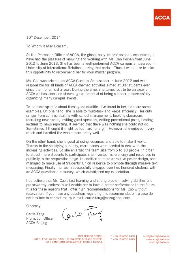 ambassador recommendation letter from