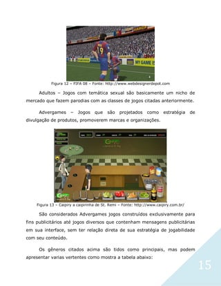 15
Figura 12 – FIFA 08 – Fonte: http://www.webdesignerdepot.com
Adultos – Jogos com temática sexual são basicamente um nicho de
mercado que fazem parodias com as classes de jogos citadas anteriormente.
Advergames – Jogos que são projetados como estratégia de
divulgação de produtos, promoverem marcas e organizações.
Figura 13 – Caipiry a caipirinha de St. Remi – Fonte: http://www.caipiry.com.br/
São considerados Advergames jogos construídos exclusivamente para
fins publicitários até jogos diversos que contenham mensagens publicitárias
em sua interface, sem ter relação direta de sua estratégia de jogabilidade
com seu conteúdo.
Os gêneros citados acima são tidos como principais, mas podem
apresentar varias vertentes como mostra a tabela abaixo:
 