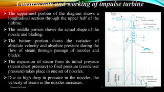  The uppermost portion of the diagram shows a
longitudinal section through the upper half of the
turbine.
 The middle portion shows the actual shape of the
nozzle and blading.
 The bottom portion shows the variation of
absolute velocity and absolute pressure during the
flow of steam through passage of nozzles and
blades.
 The expansion of steam from its initial pressure
(steam chest pressure) to final pressure (condenser
pressure) takes place in one set of nozzles.
 Due to high drop in pressure in the nozzles, the
velocity of steam in the nozzles increases.
Construction and working of impulse turbine
Prepared by Champ 5 8/8/2017
 