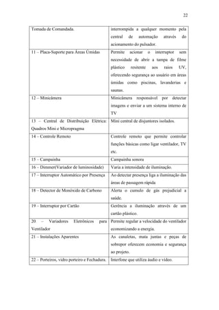 22 
Tomada de Comandada. 
interrompida a qualquer momento pela central de automação através do acionamento do pulsador. 
11 – Placa-Suporte para Áreas Úmidas 
Permite acionar o interruptor sem necessidade de abrir a tampa de filme plástico resitente aos raios UV, oferecendo segurança ao usuário em áreas úmidas como piscinas, lavanderias e saunas. 
12 – Minicâmera 
Minicâmera responsável por detectar imagens e enviar a um sistema interno de TV 
13 – Central de Distribuição Elétrica: Quadros Mini e Micropragma 
Mini central de disjuntores isolados. 
14 – Controle Remoto 
Controle remoto que permite controlar funções básicas como ligar ventilador, TV etc. 
15 – Campainha 
Campainha sonora 
16 – Dimmer(Variador de luminosidade) 
Varia a intensidade de iluminação. 
17 – Interruptor Automático por Presença 
Ao detectar presença liga a iluminação das áreas de passagem rápida 
18 – Detector de Monóxido de Carbono 
Alerta o cumulo de gás prejudicial a saúde. 
19 – Interruptor por Cartão 
Gerência a iluminação através de um cartão plástico. 
20 – Variadores Eletrônicos para Ventilador 
Permite regular a velocidade do ventilador economizando a energia. 
21 – Instalações Aparentes 
As canaletas, mata juntas e peças de sobrepor oferecem economia e segurança ao projeto. 
22 – Porteiros, vidro porteiro e Fechadura. 
Interfone que utiliza áudio e vídeo. 
 