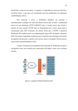 42 
diminuindo a carga nos servidores. A segunda é a capacidade de atravessar firewalls e servidores proxy, o que antes era considerada uma área problemática em aplicações web(WebSocket, 2012). 
Para atravessar o proxy o WebSocket identifica sua presença e automaticamente configura um túnel para passar através dele. O túnel é estabelecido através de uma declaração HTTP CONNECT para o servidor proxy, que solicita a abertura de uma conexão TCP/IP para um determinado host e porta, desta forma a comunicação pode fluir livremente. Da mesma forma que o HTTPS o protocolo WebSocket WS também possui um implementação segura SSL formando o protocolo WSS. No entanto é importante ressaltar que por se tratar de uma tecnologia nova muitos navegadores não possuem o suporte a este serviço, menos o navegador Chrome que já o suporta nativamente(WebSocket, 2012). 
A figura 14 demostra uma arquitetura básica baseada em WebSocket em que os navegadores usam uma conexão para comunicação full-duplex, direto com servidores remotos. 
Figura 14 - Arquitetura WebSocket (WebSocket, 2012) 
 