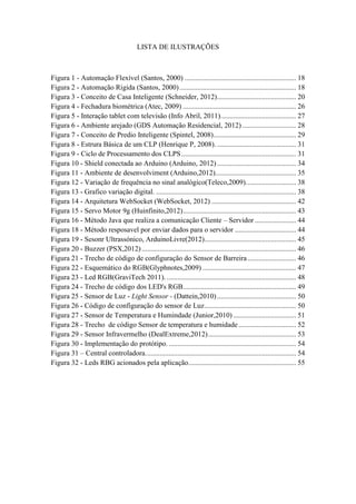 8 
LISTA DE ILUSTRAÇÕES 
Figura 1 - Automação Flexível (Santos, 2000) .............................................................. 18 
Figura 2 - Automação Rigida (Santos, 2000) ................................................................. 18 
Figura 3 - Conceito de Casa Inteligente (Schneider, 2012) ............................................ 20 
Figura 4 - Fechadura biométrica (Atec, 2009) ............................................................... 26 
Figura 5 - Interação tablet com televisão (Info Abril, 2011). ......................................... 27 
Figura 6 - Ambiente arejado (GDS Automação Residencial, 2012) .............................. 28 
Figura 7 - Conceito de Predio Inteligente (Spintel, 2008) .............................................. 29 
Figura 8 - Estrura Básica de um CLP (Henrique P, 2008). ............................................ 31 
Figura 9 - Ciclo de Processamento dos CLPS ................................................................ 31 
Figura 10 - Shield conectada ao Arduino (Arduino, 2012) ............................................ 34 
Figura 11 - Ambiente de desenvolviment (Arduino,2012)............................................. 35 
Figura 12 - Variação de frequência no sinal analógico(Teleco,2009). ........................... 38 
Figura 13 - Grafico variação digital. .............................................................................. 38 
Figura 14 - Arquitetura WebSocket (WebSocket, 2012) ............................................... 42 
Figura 15 - Servo Motor 9g (Huinfinito,2012) ............................................................... 43 
Figura 16 - Método Java que realiza a comunicação Cliente – Servidor ....................... 44 
Figura 18 - Método resposavel por enviar dados para o servidor .................................. 44 
Figura 19 - Sesonr Ultrassónico, ArduinoLivre(2012) ................................................... 45 
Figura 20 - Buzzer (PSX,2012) ...................................................................................... 46 
Figura 21 - Trecho de código de configuração do Sensor de Barreira ........................... 46 
Figura 22 - Esquemático do RGB(Glyphnotes,2009) .................................................... 47 
Figura 23 - Led RGB(GraviTech 2011). ........................................................................ 48 
Figura 24 - Trecho de código dos LED's RGB ............................................................... 49 
Figura 25 - Sensor de Luz - Light Sensor - (Dattein,2010) ............................................ 50 
Figura 26 - Código de configuração do sensor de Luz ................................................... 50 
Figura 27 - Sensor de Temperatura e Humindade (Junior,2010) ................................... 51 
Figura 28 - Trecho de código Sensor de temperatura e humidade ................................ 52 
Figura 29 - Sensor Infravermelho (DealExtreme,2012) ................................................. 53 
Figura 30 - Implementação do protótipo. ....................................................................... 54 
Figura 31 – Central controladora. ................................................................................... 54 
Figura 32 - Leds RBG acionados pela aplicação. ........................................................... 55 
 