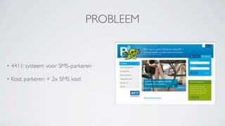 PROBLEEM


•   4411: systeem voor SMS-parkeren

•   Kost: parkeren + 2x SMS kost
 
