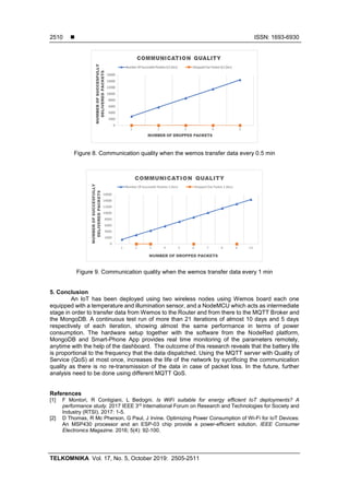 ◼ ISSN: 1693-6930
TELKOMNIKA Vol. 17, No. 5, October 2019: 2505-2511
2510
Figure 8. Communication quality when the wemos transfer data every 0.5 min
Figure 9. Communication quality when the wemos transfer data every 1 min
5. Conclusion
An IoT has been deployed using two wireless nodes using Wemos board each one
equipped with a temperature and illumination sensor, and a NodeMCU which acts as intermediate
stage in order to transfer data from Wemos to the Router and from there to the MQTT Broker and
the MongoDB. A continuous test run of more than 21 iterations of almost 10 days and 5 days
respectively of each iteration, showing almost the same performance in terms of power
consumption. The hardware setup together with the software from the NodeRed platform,
MongoDB and Smart-Phone App provides real time monitoring of the parameters remotely,
anytime with the help of the dashboard. The outcome of this research reveals that the battery life
is proportional to the frequency that the data dispatched. Using the MQTT server with Quality of
Service (QoS) at most once, increases the life of the network by sycrificing the communication
quality as there is no re-transmission of the data in case of packet loss. In the future, further
analysis need to be done using different MQTT QoS.
References
[1] F Montori, R Contigiani, L Bedogni. Is WiFi suitable for energy efficient IoT deployments? A
performance study. 2017 IEEE 3rd
International Forum on Research and Technologies for Society and
Industry (RTSI). 2017: 1-5.
[2] D Thomas, R Mc Pherson, G Paul, J Irvine. Optimizing Power Consumption of Wi-Fi for IoT Devices:
An MSP430 processor and an ESP-03 chip provide a power-efficient solution. IEEE Consumer
Electronics Magazine. 2016; 5(4): 92-100.
 