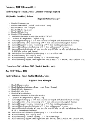 From July 2012 Till August 2013 
Eastern Region - Saudi Arabia. (Arabian Trading Supplies) 
RB (Reckitt Benckiser) division 
Regional Sales Manager 
1- Handled Eastern region 
2- Handled all Channels (Modern Trade - Lower Trade.) 
3- Handled 3 Units sales Managers 
4- Handled 4 Sales Supervisors 
5- Handled 23 Sales Reps 
6- Handled 27 Merchandisers 
7- Improved & Increased in sales value by 18 % V.S 2012 
8- Decreased A.R Days from 57 days to 34 day 
9- Increased productivity up to 85 % from van sales coverage & 70 % from wholesale coverage 
10- Increased monthly active customers up to 90 % from total customers through all channels 
11- Increased frequency oversold customers up to 90 % from monthly active customers 
12- Increased Core brands distribution up to 80 % from total customer’s coverage. 
13- Increased lines in distribution V.S must stock list up to 85 % for van sales and wholesale channel 
& 100 % for modern trade channel 
14- Increased on shelf availability percentage up to 98 % at modern trade 
15- Achieved monthly Sales target by brand 
16- Achieved monthly Collection target by 110 % V.S monthly target 
17- Achieved monthly target V.S Phasing (Week1 25 % &Week2 25 % &Week3 25 % &Week4 25 %) 
From June 2003 till June 2012 (Henkel Saudi Arabia). 
Jan 2010 Till June 2012 
Eastern Region – Saudi Arabia (Henkel Arabia) 
Regional Sales Manager 
1- Handled Eastern region 
2- Handled all channels (Modern Trade - Lower Trade - Horeca ) 
3- Handled 3 Sales Supervisors 
4- Handled 16 Sales Reps 
5- Handled 24 Merchandisers 
6- Improved & Increased in sales value by 19 % 
7- Decreased A.R Days from 45 days to 32 day 
8- Increased productivity up to 80 % from van sales coverage & 65 % from wholesale coverage 
9- Increased monthly active customers up to 85 % from total customers through all channels 
10- Increased frequency oversold customers up to 90 % from monthly active customers 
11- Increased Core brands distribution up to 75 % from total customer’s coverage 
12- Increased lines in distribution V.S must stock list up to 85 % for van sales and wholesale channel 
& 100 % for modern trade channel 
13- Increased on shelf availability percentage up to 97 % at modern trade 
14- Achieved monthly Sales target by brand 
15- Achieved monthly Collection target by 121 % V.S monthly target 
16- Achieved monthly target V.S Phasing (Week1 25% &Week2 25 % &Week3 30% &Week4 20 %) 
 