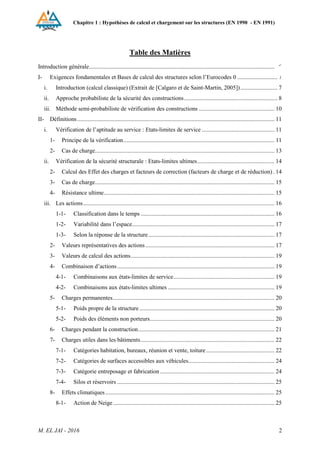 Chapitre 1 : Hypothèses de calcul et chargement sur les structures (EN 1990 - EN 1991)
M. EL JAI - 2016 2
Table des Matières
Introduction générale............................................................................................................................... 6
I- Exigences fondamentales et Bases de calcul des structures selon l’Eurocodes 0 ........................... 7
i. Introduction (calcul classique) (Extrait de [Calgaro et de Saint-Martin, 2005])......................... 7
ii. Approche probabiliste de la sécurité des constructions............................................................... 8
iii. Méthode semi-probabiliste de vérification des constructions ................................................... 10
II- Définitions..................................................................................................................................... 11
i. Vérification de l’aptitude au service : Etats-limites de service ................................................. 11
1- Principe de la vérification...................................................................................................... 11
2- Cas de charge......................................................................................................................... 13
ii. Vérification de la sécurité structurale : Etats-limites ultimes.................................................... 14
2- Calcul des Effet des charges et facteurs de correction (facteurs de charge et de réduction) . 14
3- Cas de charge......................................................................................................................... 15
4- Résistance ultime................................................................................................................... 15
iii. Les actions................................................................................................................................. 16
1-1- Classification dans le temps .......................................................................................... 16
1-2- Variabilité dans l’espace................................................................................................ 17
1-3- Selon la réponse de la structure..................................................................................... 17
2- Valeurs représentatives des actions....................................................................................... 17
3- Valeurs de calcul des actions................................................................................................. 19
4- Combinaison d’actions.......................................................................................................... 19
4-1- Combinaisons aux états-limites de service.................................................................... 19
4-2- Combinaisons aux états-limites ultimes ........................................................................ 19
5- Charges permanentes............................................................................................................. 20
5-1- Poids propre de la structure ........................................................................................... 20
5-2- Poids des éléments non porteurs.................................................................................... 20
6- Charges pendant la construction............................................................................................ 21
7- Charges utiles dans les bâtiments.......................................................................................... 22
7-1- Catégories habitation, bureaux, réunion et vente, toiture .............................................. 22
7-2- Catégories de surfaces accessibles aux véhicules.......................................................... 24
7-3- Catégorie entreposage et fabrication ............................................................................. 24
7-4- Silos et réservoirs .......................................................................................................... 25
8- Effets climatiques.................................................................................................................. 25
8-1- Action de Neige............................................................................................................. 25
 