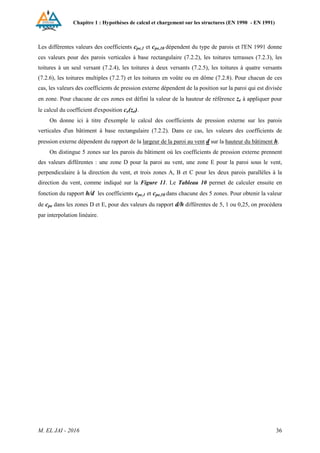 Chapitre 1 : Hypothèses de calcul et chargement sur les structures (EN 1990 - EN 1991)
M. EL JAI - 2016 36
Les différentes valeurs des coefficients cpe,1 et cpe,10 dépendent du type de parois et l'EN 1991 donne
ces valeurs pour des parois verticales à base rectangulaire (7.2.2), les toitures terrasses (7.2.3), les
toitures à un seul versant (7.2.4), les toitures à deux versants (7.2.5), les toitures à quatre versants
(7.2.6), les toitures multiples (7.2.7) et les toitures en voûte ou en dôme (7.2.8). Pour chacun de ces
cas, les valeurs des coefficients de pression externe dépendent de la position sur la paroi qui est divisée
en zone. Pour chacune de ces zones est défini la valeur de la hauteur de référence ze à appliquer pour
le calcul du coefficient d'exposition ce(ze).
On donne ici à titre d'exemple le calcul des coefficients de pression externe sur les parois
verticales d'un bâtiment à base rectangulaire (7.2.2). Dans ce cas, les valeurs des coefficients de
pression externe dépendent du rapport de la largeur de la paroi au vent d sur la hauteur du bâtiment h.
On distingue 5 zones sur les parois du bâtiment où les coefficients de pression externe prennent
des valeurs différentes : une zone D pour la paroi au vent, une zone E pour la paroi sous le vent,
perpendiculaire à la direction du vent, et trois zones A, B et C pour les deux parois parallèles à la
direction du vent, comme indiqué sur la Figure 11. Le Tableau 10 permet de calculer ensuite en
fonction du rapport h/d les coefficients cpe,1 et cpe,10 dans chacune des 5 zones. Pour obtenir la valeur
de cpe dans les zones D et E, pour des valeurs du rapport d/h différentes de 5, 1 ou 0,25, on procédera
par interpolation linéaire.
 