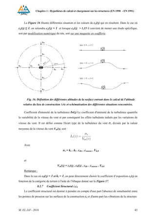 Chapitre 1 : Hypothèses de calcul et chargement sur les structures (EN 1990 - EN 1991)
M. EL JAI - 2016 43
La Figure 16 illustre différentes situation et les valeurs de co(z) qui en résultent. Dans le cas où
co(z) ≤ 1, on retiendra co(z) = 1 et lorsque co(z) > 1,15 il convient de mener une étude spécifique,
soit par modélisation numérique du site, soit sur une maquette en soufflerie.
Fig. 16. Définition des différentes altitudes de la surface entrant dans le calcul de l'altitude
relative du lieu de construction ∆Ac et schématisation des différentes situations rencontrées.
Coefficient d'intensité de la turbulence Iv(z) Le coefficient d'intensité de la turbulence quantifie
la variabilité de la vitesse du vent et par conséquent les effets turbulents induits par les variations de
vitesse du vent. Il est défini comme l'écart type de la turbulence du vent σv divisée par la valeur
moyenne de la vitesse du vent Vm(z), soit :
Avec
σv = kr . kl . cdir . cseason . Vb,0
et
Vm(z) = cr(z) . c0(z) . cdir . cseason . Vb,0
Remarque :
Dans le cas où c0(z) = 1 et kl = 1, on peut directement choisir le coefficient d’exposition ce(z) en
fonction de la catégorie du terrain à l'aide de l'Abaque donné sur la Figure 17.
8.2.7 Coefficient Structural cscd
Le coefficient structural est destiné à prendre en compte d'une part l'absence de simultanéité entre
les pointes de pression sur les surfaces de la construction cs et d'autre part les vibrations de la structure
 