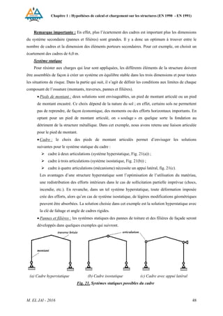 Chapitre 1 : Hypothèses de calcul et chargement sur les structures (EN 1990 - EN 1991)
M. EL JAI - 2016 48
Remarque importante : En effet, plus l’écartement des cadres est important plus les dimensions
du système secondaire (pannes et filières) sont grandes. Il y a donc un optimum à trouver entre le
nombre de cadres et la dimension des éléments porteurs secondaires. Pour cet exemple, on choisit un
écartement des cadres de 6,0 m.
Système statique
Pour résister aux charges qui leur sont appliquées, les différents éléments de la structure doivent
être assemblés de façon à créer un système en équilibre stable dans les trois dimensions et pour toutes
les situations de risque. Dans la partie qui suit, il s’agit de définir les conditions aux limites de chaque
composant de l’ossature (montants, traverses, pannes et filières).
 Pieds de montant : deux solutions sont envisageables, un pied de montant articulé ou un pied
de montant encastré. Ce choix dépend de la nature du sol ; en effet, certains sols ne permettent
pas de reprendre, de façon économique, des moments ou des efforts horizontaux importants. En
optant pour un pied de montant articulé, on « soulage » en quelque sorte la fondation au
détriment de la structure métallique. Dans cet exemple, nous avons retenu une liaison articulée
pour le pied de montant.
 Cadre : le choix des pieds de montant articulés permet d’envisager les solutions
suivantes pour le système statique du cadre :
 cadre à deux articulations (système hyperstatique, Fig. 21(a)) ;
 cadre à trois articulations (système isostatique, Fig. 21(b)) ;
 cadre à quatre articulations (mécanisme) nécessite un appui latéral, fig. 21(c).
Les avantages d’une structure hyperstatique sont l’optimisation de l’utilisation du matériau,
une redistribution des efforts intérieurs dans le cas de sollicitation partielle imprévue (chocs,
incendie, etc.). En revanche, dans un tel système hyperstatique, toute déformation imposée
crée des efforts, alors qu’en cas de système isostatique, de légères modifications géométriques
peuvent être absorbées. La solution choisie dans cet exemple est la solution hyperstatique avec
la clé de faîtage et angle de cadres rigides.
 Pannes et filières : les systèmes statiques des pannes de toiture et des filières de façade seront
développés dans quelques exemples qui suivront.
(a) Cadre hyperstatique (b) Cadre isostatique (c) Cadre avec appui latéral
Fig. 21. Systèmes statiques possibles du cadre
 