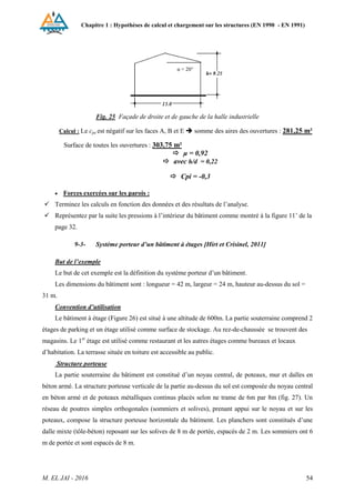 Chapitre 1 : Hypothèses de calcul et chargement sur les structures (EN 1990 - EN 1991)
M. EL JAI - 2016 54
Fig. 25 Façade de droite et de gauche de la halle industrielle
Calcul : Le cpe est négatif sur les faces A, B et E  somme des aires des ouvertures : 281,25 m²
Surface de toutes les ouvertures : 303,75 m²
 μ = 0,92
 avec h/d = 0,22
 Cpi = -0,3
 Forces exercées sur les parois :
 Terminez les calculs en fonction des données et des résultats de l’analyse.
 Représentez par la suite les pressions à l’intérieur du bâtiment comme montré à la figure 11’ de la
page 32.
9-3- Système porteur d’un bâtiment à étages [Hirt et Crisinel, 2011]
But de l’exemple
Le but de cet exemple est la définition du système porteur d’un bâtiment.
Les dimensions du bâtiment sont : longueur = 42 m, largeur = 24 m, hauteur au-dessus du sol =
31 m.
Convention d’utilisation
Le bâtiment à étage (Figure 26) est situé à une altitude de 600m. La partie souterraine comprend 2
étages de parking et un étage utilisé comme surface de stockage. Au rez-de-chaussée se trouvent des
magasins. Le 1er
étage est utilisé comme restaurant et les autres étages comme bureaux et locaux
d’habitation. La terrasse située en toiture est accessible au public.
Structure porteuse
La partie souterraine du bâtiment est constitué d’un noyau central, de poteaux, mur et dalles en
béton armé. La structure porteuse verticale de la partie au-dessus du sol est composée du noyau central
en béton armé et de poteaux métalliques continus placés selon ne trame de 6m par 8m (fig. 27). Un
réseau de poutres simples orthogonales (sommiers et solives), prenant appui sur le noyau et sur les
poteaux, compose la structure porteuse horizontale du bâtiment. Les planchers sont constitués d’une
dalle mixte (tôle-béton) reposant sur les solives de 8 m de portée, espacés de 2 m. Les sommiers ont 6
m de portée et sont espacés de 8 m.
α = 20°
 