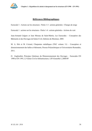 Chapitre 1 : Hypothèses de calcul et chargement sur les structures (EN 1990 - EN 1991)
M. EL JAI - 2016 58
Références Bibliographiques
Eurocode 1 - Actions sur les structures - Partie 1-3 : actions générales - Charges de neige
Eurocode 1 : actions sur les structures - Partie 1-4 : actions générales - Actions du vent
Jean-Armand Calgaro et Jean Moreau de Saint-Martin, Les Eurocodes – Conception des
Bâtiments et des Ouvrages de Génie Civil, Editions du Moniteur, 2005.
M. A. Hirt et M. Crisinel, Charpentes métalliques (TGC volume 11) – Conception et
dimensionnement des halles et bâtiments, Presses Polytechniques et Universitaires Romandes,
2011.
O. Gagliardini, Principes Généraux du Dimensionnement des Ouvrages – Eurocodes EN
1990 et EN 1991, L3 Génie Civil et Infrastructures, UJF-Grenoble I, 2008/09’
 