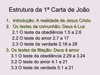 Esclarecendo alguns termos joaninosEsclarecendo alguns termos joaninos
Mundo(2.15):
Como não amar o mundo (1Jo 2.15) se Deus amou o
mundo (Jo3.16 )?
ou é a humanidade, objeto do amor de Deus (Jo3.16),
ou é o lugar onde se manifesta a dominação de
potências hostis à soberania divina, que se opõem a
Deus e a Cristo (1 Jo 2,16), ou seja: o sistema criado
pela humanidade na tentativa de ser feliz sem Cristo.
João trata o mundo como o sistema contra Deus.
Não quer dizer que o mundo é mau e deva ser
desprezado, significa que não se deve compactuar
com as forças, inimigas de Deus, presentes e
atuantes no mundo.
 