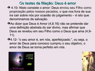 2.19, 24 e 28- Não somos salvos por permanecer até o fim,2.19, 24 e 28- Não somos salvos por permanecer até o fim,
antes, permanecemos por sermos salvos.antes, permanecemos por sermos salvos.
2.3 e 20- Temos o conhecimento suficiente sobre Deus e2.3 e 20- Temos o conhecimento suficiente sobre Deus e
Jesus. Pela ação do Espírito Santo reconhecemos o que éJesus. Pela ação do Espírito Santo reconhecemos o que é
verdadeiro do que não o é.verdadeiro do que não o é.
2.23- ”Todo o que nega o Filho também não tem o Pai” (devem2.23- ”Todo o que nega o Filho também não tem o Pai” (devem
atentar para esta mensagem os muçulmanos, testemunhas deatentar para esta mensagem os muçulmanos, testemunhas de
Jeová, judeus, …).Jeová, judeus, …).
2.27- Uns são, outros não são. Concedido o Espírito Santo não2.27- Uns são, outros não são. Concedido o Espírito Santo não
temos necessidade que alguém nos ensine além do evangelho,temos necessidade que alguém nos ensine além do evangelho,
outra doutrina além das escrituras.outra doutrina além das escrituras.
““Se é novidade, não é verdade;Se é novidade, não é verdade;
se é verdade, não é novidade”.se é verdade, não é novidade”.
2.25-A promessa dessa fé é a vida eterna; ao aceitar2.25-A promessa dessa fé é a vida eterna; ao aceitar
Jesus recebemos sua vida, a saber, não seremosJesus recebemos sua vida, a saber, não seremos
julgados por Deus e com ele viveremos eternamente.julgados por Deus e com ele viveremos eternamente.
 