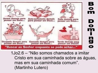 ConteúdoConteúdo
Trata: “do presbítero”, João, pastor da igreja que aTrata: “do presbítero”, João, pastor da igreja que a
escreveu, de Gaio, que a recebeu, de Diótrefes, que aescreveu, de Gaio, que a recebeu, de Diótrefes, que a
motivou e de Demétrio que a levou.motivou e de Demétrio que a levou.
1.9 O pastor (João) era o responsável pelas1.9 O pastor (João) era o responsável pelas
comunidades da Ásia Menor e encontra oposição decomunidades da Ásia Menor e encontra oposição de
Diótrefes, pastor de uma igreja, autoritário, orgulhosoDiótrefes, pastor de uma igreja, autoritário, orgulhoso
e que não recebe missionários.e que não recebe missionários.
1.10 João enviara missionários e Diótrefes não os1.10 João enviara missionários e Diótrefes não os
recebe e expulsa quem os acolhe.recebe e expulsa quem os acolhe.
Agora os reenvia com uma carta de recomendação e,Agora os reenvia com uma carta de recomendação e,
pede a ajuda de Gaio, cristão exemplar da igreja epede a ajuda de Gaio, cristão exemplar da igreja e
seu amigo.seu amigo.
Demétrio, o portador da carta, provavelmente é o líderDemétrio, o portador da carta, provavelmente é o líder
do grupo missionário.do grupo missionário.
 