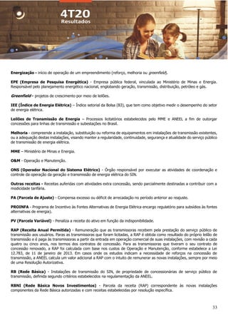 33
Energização - início de operação de um empreendimento (reforço, melhoria ou greenfield).
EPE (Empresa de Pesquisa Energética) - Empresa pública federal, vinculada ao Ministério de Minas e Energia.
Responsável pelo planejamento energético nacional, englobando geração, transmissão, distribuição, petróleo e gás.
Greenfield - projetos de crescimento por meio de leilões.
IEE (Índice de Energia Elétrica) – Índice setorial da Bolsa (B3), que tem como objetivo medir o desempenho do setor
de energia elétrica.
Leilões de Transmissão de Energia – Processos licitatórios estabelecidos pelo MME e ANEEL a fim de outorgar
concessões para linhas de transmissão e subestações no Brasil.
Melhoria - compreende a instalação, substituição ou reforma de equipamentos em instalações de transmissão existentes,
ou a adequação destas instalações, visando manter a regularidade, continuidade, segurança e atualidade do serviço público
de transmissão de energia elétrica.
MME – Ministério de Minas e Energia.
O&M - Operação e Manutenção.
ONS (Operador Nacional do Sistema Elétrico) - Órgão responsável por executar as atividades de coordenação e
controle da operação da geração e transmissão de energia elétrica do SIN.
Outras receitas - Receitas auferidas com atividades extra concessão, sendo parcialmente destinadas a contribuir com a
modicidade tarifária.
PA (Parcela de Ajuste) - Compensa excesso ou déficit de arrecadação no período anterior ao reajuste.
PROINFA - Programa de Incentivo às Fontes Alternativas de Energia Elétrica encargo regulatório para subsídios às fontes
alternativas de energia).
PV (Parcela Variável) - Penaliza a receita do ativo em função da indisponibilidade.
RAP (Receita Anual Permitida) - Remuneração que as transmissoras recebem pela prestação do serviço público de
transmissão aos usuários. Paras as transmissoras que foram licitadas, a RAP é obtida como resultado do próprio leilão de
transmissão e é paga às transmissoras a partir da entrada em operação comercial de suas instalações, com revisão a cada
quatro ou cinco anos, nos termos dos contratos de concessão. Para as transmissoras que tiveram o seu contrato de
concessão renovado, a RAP foi calculada com base nos custos de Operação e Manutenção, conforme estabelece a Lei
12.783, de 11 de janeiro de 2013. Em casos onde os estudos indicam a necessidade de reforços na concessão de
transmissão, a ANEEL calcula um valor adicional a RAP com o intuito de remunerar as novas instalações, sempre por meio
de uma Resolução Autorizativa.
RB (Rede Básica) - Instalações de transmissão do SIN, de propriedade de concessionárias de serviço público de
transmissão, definida segundo critérios estabelecidos na regulamentação da ANEEL.
RBNI (Rede Básica Novos Investimentos) - Parcela da receita (RAP) correspondente às novas instalações
componentes da Rede Básica autorizadas e com receitas estabelecidas por resolução específica.
 