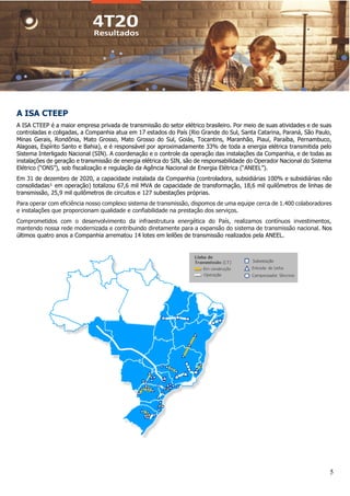 5
A ISA CTEEP
A ISA CTEEP é a maior empresa privada de transmissão do setor elétrico brasileiro. Por meio de suas atividades e de suas
controladas e coligadas, a Companhia atua em 17 estados do País (Rio Grande do Sul, Santa Catarina, Paraná, São Paulo,
Minas Gerais, Rondônia, Mato Grosso, Mato Grosso do Sul, Goiás, Tocantins, Maranhão, Piauí, Paraíba, Pernambuco,
Alagoas, Espírito Santo e Bahia), e é responsável por aproximadamente 33% de toda a energia elétrica transmitida pelo
Sistema Interligado Nacional (SIN). A coordenação e o controle da operação das instalações da Companhia, e de todas as
instalações de geração e transmissão de energia elétrica do SIN, são de responsabilidade do Operador Nacional do Sistema
Elétrico (“ONS”), sob fiscalização e regulação da Agência Nacional de Energia Elétrica (“ANEEL”).
Em 31 de dezembro de 2020, a capacidade instalada da Companhia (controladora, subsidiárias 100% e subsidiárias não
consolidadas¹ em operação) totalizou 67,6 mil MVA de capacidade de transformação, 18,6 mil quilômetros de linhas de
transmissão, 25,9 mil quilômetros de circuitos e 127 subestações próprias.
Para operar com eficiência nosso complexo sistema de transmissão, dispomos de uma equipe cerca de 1.400 colaboradores
e instalações que proporcionam qualidade e confiabilidade na prestação dos serviços.
Comprometidos com o desenvolvimento da infraestrutura energética do País, realizamos contínuos investimentos,
mantendo nossa rede modernizada e contribuindo diretamente para a expansão do sistema de transmissão nacional. Nos
últimos quatro anos a Companhia arrematou 14 lotes em leilões de transmissão realizados pela ANEEL.
 