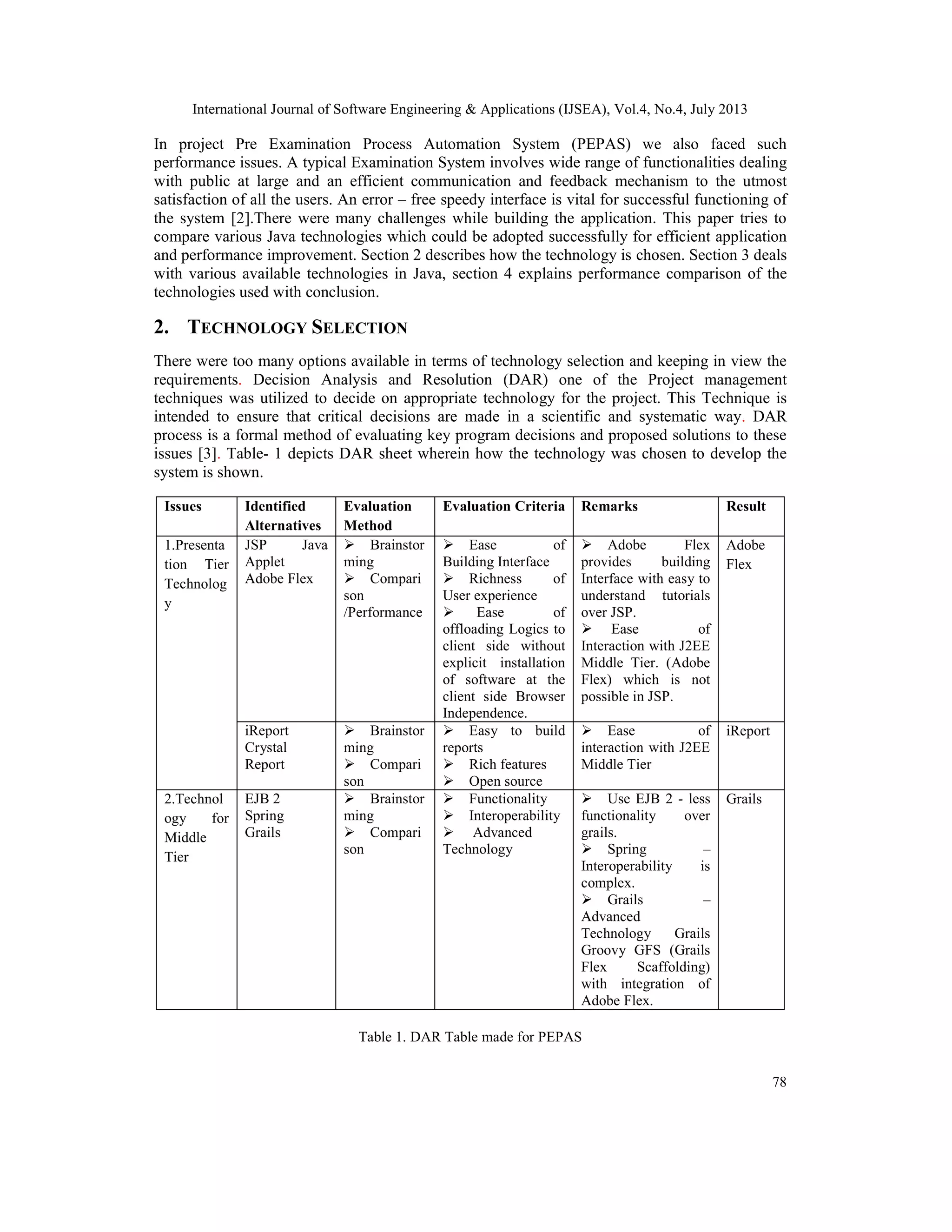 International Journal of Software Engineering & Applications (IJSEA), Vol.4, No.4, July 2013
78
In project Pre Examination Process Automation System (PEPAS) we also faced such
performance issues. A typical Examination System involves wide range of functionalities dealing
with public at large and an efficient communication and feedback mechanism to the utmost
satisfaction of all the users. An error – free speedy interface is vital for successful functioning of
the system [2].There were many challenges while building the application. This paper tries to
compare various Java technologies which could be adopted successfully for efficient application
and performance improvement. Section 2 describes how the technology is chosen. Section 3 deals
with various available technologies in Java, section 4 explains performance comparison of the
technologies used with conclusion.
2. TECHNOLOGY SELECTION
There were too many options available in terms of technology selection and keeping in view the
requirements. Decision Analysis and Resolution (DAR) one of the Project management
techniques was utilized to decide on appropriate technology for the project. This Technique is
intended to ensure that critical decisions are made in a scientific and systematic way. DAR
process is a formal method of evaluating key program decisions and proposed solutions to these
issues [3]. Table- 1 depicts DAR sheet wherein how the technology was chosen to develop the
system is shown.
Table 1. DAR Table made for PEPAS
Issues Identified
Alternatives
Evaluation
Method
Evaluation Criteria Remarks Result
1.Presenta
tion Tier
Technolog
y
JSP Java
Applet
Adobe Flex
 Brainstor
ming
 Compari
son
/Performance
 Ease of
Building Interface
 Richness of
User experience
 Ease of
offloading Logics to
client side without
explicit installation
of software at the
client side Browser
Independence.
 Adobe Flex
provides building
Interface with easy to
understand tutorials
over JSP.
 Ease of
Interaction with J2EE
Middle Tier. (Adobe
Flex) which is not
possible in JSP.
Adobe
Flex
iReport
Crystal
Report
 Brainstor
ming
 Compari
son
 Easy to build
reports
 Rich features
 Open source
 Ease of
interaction with J2EE
Middle Tier
iReport
2.Technol
ogy for
Middle
Tier
EJB 2
Spring
Grails
 Brainstor
ming
 Compari
son
 Functionality
 Interoperability
 Advanced
Technology
 Use EJB 2 - less
functionality over
grails.
 Spring –
Interoperability is
complex.
 Grails –
Advanced
Technology Grails
Groovy GFS (Grails
Flex Scaffolding)
with integration of
Adobe Flex.
Grails
On
Grails
 