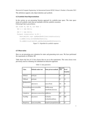 Electrical & Computer Engineering: An International Journal (ECIJ) Volume 4, Number 4, December 2015
7
This definition supports only object identities and symbolic
4.2 Symbolic-State Representations
In this section we are presenting Symstra approach for symbolic-state space. The state space
means all symbolic states that are reachable with the symbolic execution.
Following Code is given below-
Set S(Set K, Set N, int Num) {
Set s = new Set();
Set f = new Set();
foreach (constructor in K) {
RuntimeInfo rrp= symExecAndCollect(constructor);
s.addAll(rrp.solveAndGenTests());
fs.addAll(runtimeInfo.getNonSubsumedObjStates());
Figure 3.1: Algorithm for symbolic sequence
4.3 Observation
Here we are presenting our evaluation for states and generating tests cases. We have performed
the experiments on Window XP.
Table shows the lists of 11 Java classes that we use in the experiments. The some classes were
previously used in evaluating our redundant-test detection approach.
Table 3.2: data generation
Class Methods under test Some private methods
Line of
code No of
branches
IntStack push,pop – 46 11
UBStack push,pop – 63 18
BinSearchTre
e add,remove removeNode 101 38
BinomialHeap insert,extractMin findMin,merge 323 77
delete unionNodes,decrease
LinkedList add,remove,removeLast addBefore 267 18
TreeMap put,remove fixAfterIns 383 200
fixAfterDel,delEntry
HeapArray insert,extractMax heapifyUp,heapifyDown 91 33
 