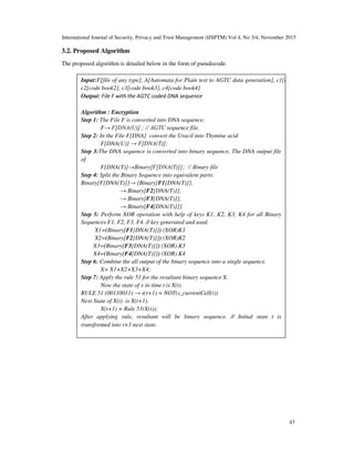 International Journal of Security, Privacy and Trust Management (IJSPTM) Vol 4, No 3/4, November 2015
43
3.2. Proposed Algorithm
The proposed algorithm is detailed below in the form of pseudocode.
Input:F[file of any type], A[Automata for Plain text to AGTC data generation], c1[code book1],
c2[code book2], c3[code book3], c4[code book4]
Output: File F with the AGTC coded DNA sequence
Algorithm : Encryption
Step 1: The File F is converted into DNA sequence:
F→ F[DNA(U)] ; // AGTC sequence file.
Step 2: In the File F[DNA] convert the Uracil into Thymine acid
F[DNA(U)] → F[DNA(T)];
Step 3:The DNA sequence is converted into binary sequence, The DNA output file
of
F[DNA(T)]→Binary[F[DNA(T)]]; // Binary file
Step 4: Split the Binary Sequence into equivalent parts:
Binary[F[DNA(T)]]→ {Binary[F1[DNA(T)]],
→ Binary[F2[DNA(T)]],
→ Binary[F3[DNA(T)]],
→ Binary[F4[DNA(T)]]}
Step 5: Perform XOR operation with help of keys K1, K2, K3, K4 for all Binary
Sequences F1, F2, F3, F4. // key generated and used.
X1=(Binary[F1[DNA(T)]]) (XOR)K1
X2=(Binary[F2[DNA(T)]]) (XOR)K2
X3=(Binary[F3[DNA(T)]]) (XOR) K3
X4=(Binary[F4[DNA(T)]]) (XOR) K4
Step 6: Combine the all output of the binary sequence into a single sequence.
X= X1+X2+X3+X4;
Step 7: Apply the rule 51 for the resultant binary sequence X.
Now the state of x in time t is X(t).
RULE 51 (00110011) → s(t+1) = NOT(s_currentCell(t))
Next State of X(t) is X(t+1).
X(t+1) = Rule 51(X(t));
After applying rule, resultant will be binary sequence. // Initial state t is
transformed into t+1 next state.
 
