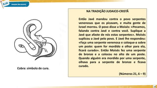 12
NA TRADIÇÃO JUDAICO-CRISTÃ
Então Javé mandou contra o povo serpentes
venenosas que os picavam, e muita gente de
Israel morreu. O povo disse a Moisés: «Pecamos,
falando contra Javé e contra você. Suplique a
Javé que afaste de nós estas serpentes». Moisés
suplicou a Javé pelo povo. E Javé lhe respondeu:
«Faça uma serpente venenosa e coloque-a sobre
um poste: quem for mordido e olhar para ela,
ficará curado». Então Moisés fez uma serpente
de bronze e a colocou no alto de um poste.
Quando alguém era mordido por uma serpente,
olhava para a serpente de bronze e ficava
curado.
(Números 21, 6 – 9)
Cobra: símbolo de cura.
 