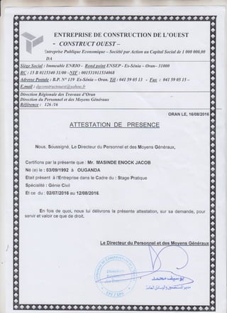 internship certificate (Building company of West).(Original in French)