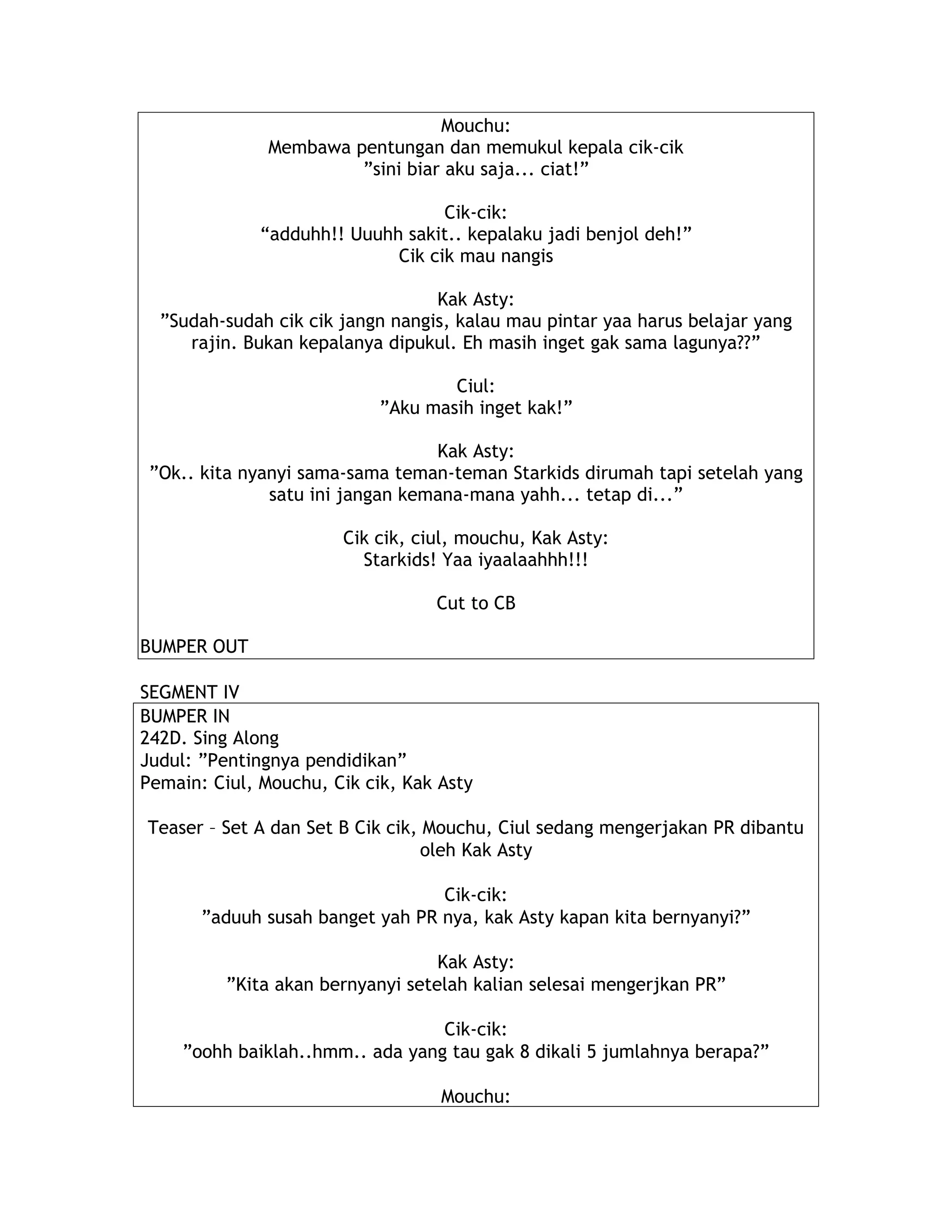 Mouchu:
Membawa pentungan dan memukul kepala cik-cik
”sini biar aku saja... ciat!”
Cik-cik:
“adduhh!! Uuuhh sakit.. kepalaku jadi benjol deh!”
Cik cik mau nangis
Kak Asty:
”Sudah-sudah cik cik jangn nangis, kalau mau pintar yaa harus belajar yang
rajin. Bukan kepalanya dipukul. Eh masih inget gak sama lagunya??”
Ciul:
”Aku masih inget kak!”
Kak Asty:
”Ok.. kita nyanyi sama-sama teman-teman Starkids dirumah tapi setelah yang
satu ini jangan kemana-mana yahh... tetap di...”
Cik cik, ciul, mouchu, Kak Asty:
Starkids! Yaa iyaalaahhh!!!
Cut to CB
BUMPER OUT
SEGMENT IV
BUMPER IN
242D. Sing Along
Judul: ”Pentingnya pendidikan”
Pemain: Ciul, Mouchu, Cik cik, Kak Asty
Teaser – Set A dan Set B Cik cik, Mouchu, Ciul sedang mengerjakan PR dibantu
oleh Kak Asty
Cik-cik:
”aduuh susah banget yah PR nya, kak Asty kapan kita bernyanyi?”
Kak Asty:
”Kita akan bernyanyi setelah kalian selesai mengerjkan PR”
Cik-cik:
”oohh baiklah..hmm.. ada yang tau gak 8 dikali 5 jumlahnya berapa?”
Mouchu:
 
