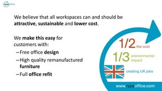 1
We believe that all workspaces can and should be
attractive, sustainable and lower cost.
We make this easy for
customers with:
–Free office design
–High quality remanufactured
furniture
–Full office refit
 