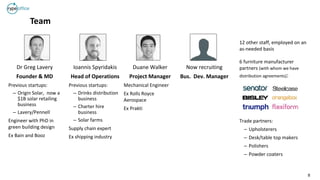 8
Team
Dr Greg Lavery
Founder & MD
Previous startups:
– Origin Solar, now a
$1B solar retailing
business
– Lavery/Pennell
Engineer with PhD in
green building design
Ex Bain and Booz
12 other staff, employed on an
as-needed basis
6 furniture manufacturer
partners (with whom we have
distribution agreements):
Trade partners:
– Upholsterers
– Desk/table top makers
– Polishers
– Powder coaters
Ioannis Spyridakis
Head of Operations
Previous startups:
– Drinks distribution
business
– Charter hire
business
– Solar farms
Supply chain expert
Ex shipping industry
Duane Walker
Project Manager
Mechanical Engineer
Ex Rolls Royce
Aerospace
Ex Prakti
Now recruiting
Bus. Dev. Manager
 
