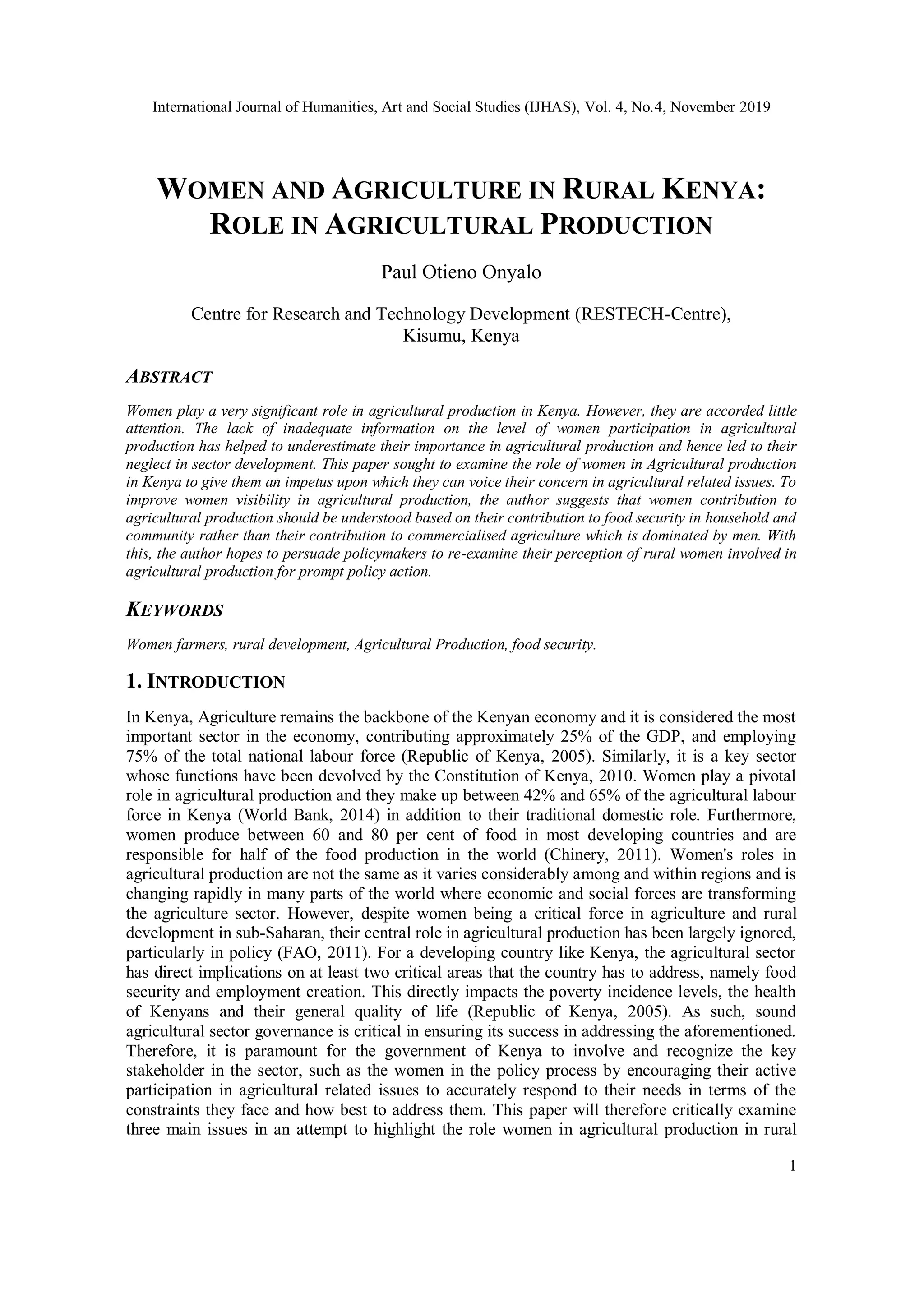 WOMEN AND AGRICULTURE IN RURAL KENYA: ROLE IN AGRICULTURAL PRODUCTION | PDF