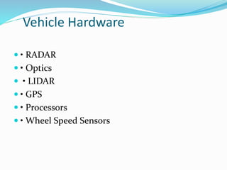 Vehicle Hardware
 • RADAR
 • Optics
 • LIDAR
 • GPS
 • Processors
 • Wheel Speed Sensors
 