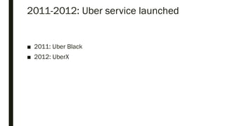 2011-2012: Uber service launched
■ 2011: Uber Black
■ 2012: UberX
 