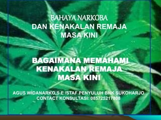 AGUS WIDANARKO,S.E /STAF PENYULUH BNK SUKOHARJO
CONTACT KONSULTASI: 085725217808
BAHAYA NARKOBA
DAN KENAKALAN REMAJA
MASA KINI
BAGAIMANA MEMAHAMI
KENAKALAN REMAJA
MASA KINI
 