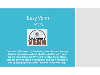 EasyVenn
MVP1
Our team, EasyVenn, is improving an collaborative app
to help elementary school students better learn and
create venn diagrams. We want to solve the problem
that the current app is not intuitive and easy enough to
use by applying drag&drop features to the web-app.
 
