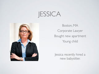 JESSICA
Boston, MA
Bought new apartment
Corporate Lawyer
Jessica recently hired a
new babysitter.
Young child
 