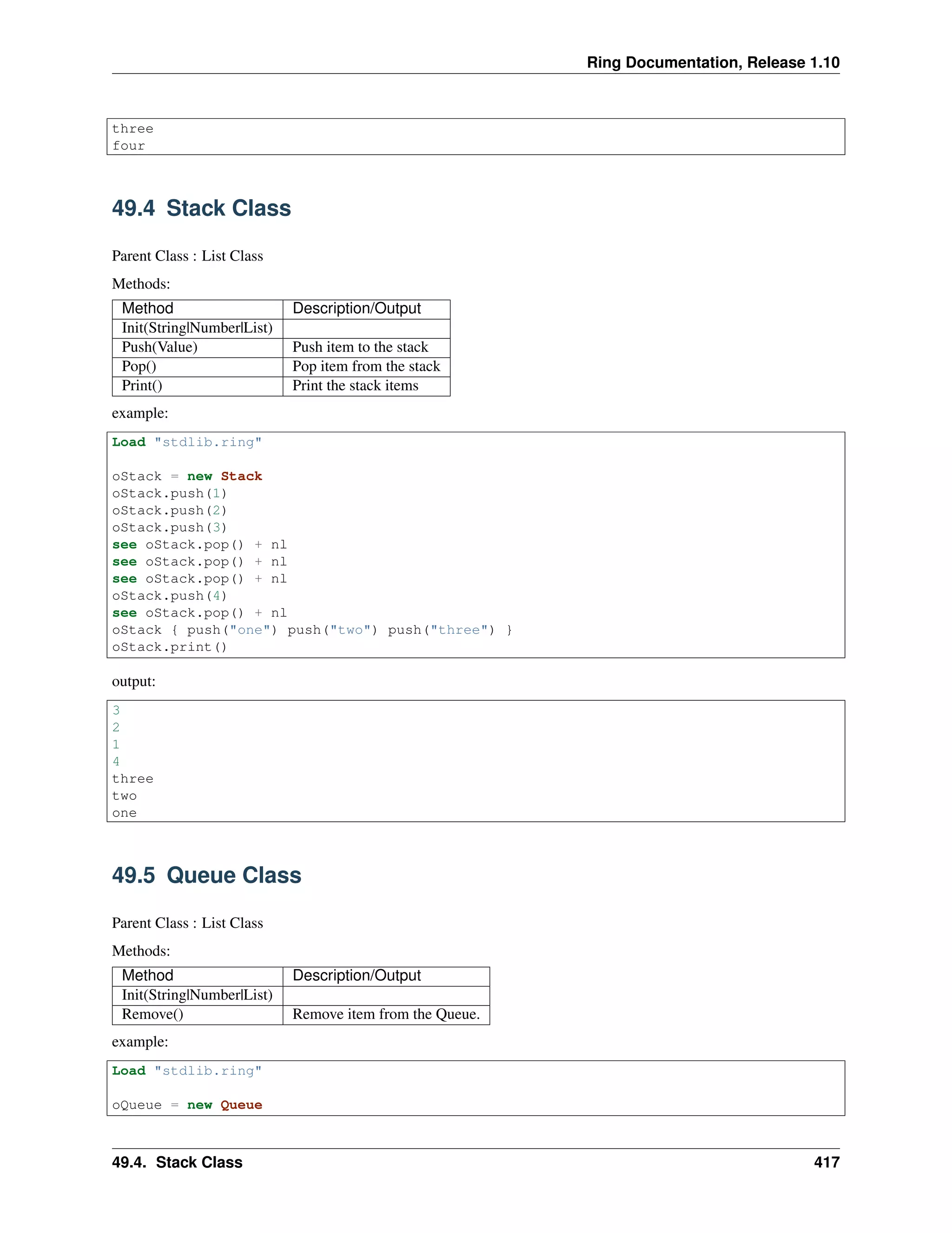 Ring Documentation, Release 1.10
three
four
49.4 Stack Class
Parent Class : List Class
Methods:
Method Description/Output
Init(String|Number|List)
Push(Value) Push item to the stack
Pop() Pop item from the stack
Print() Print the stack items
example:
Load "stdlib.ring"
oStack = new Stack
oStack.push(1)
oStack.push(2)
oStack.push(3)
see oStack.pop() + nl
see oStack.pop() + nl
see oStack.pop() + nl
oStack.push(4)
see oStack.pop() + nl
oStack { push("one") push("two") push("three") }
oStack.print()
output:
3
2
1
4
three
two
one
49.5 Queue Class
Parent Class : List Class
Methods:
Method Description/Output
Init(String|Number|List)
Remove() Remove item from the Queue.
example:
Load "stdlib.ring"
oQueue = new Queue
49.4. Stack Class 417
 
