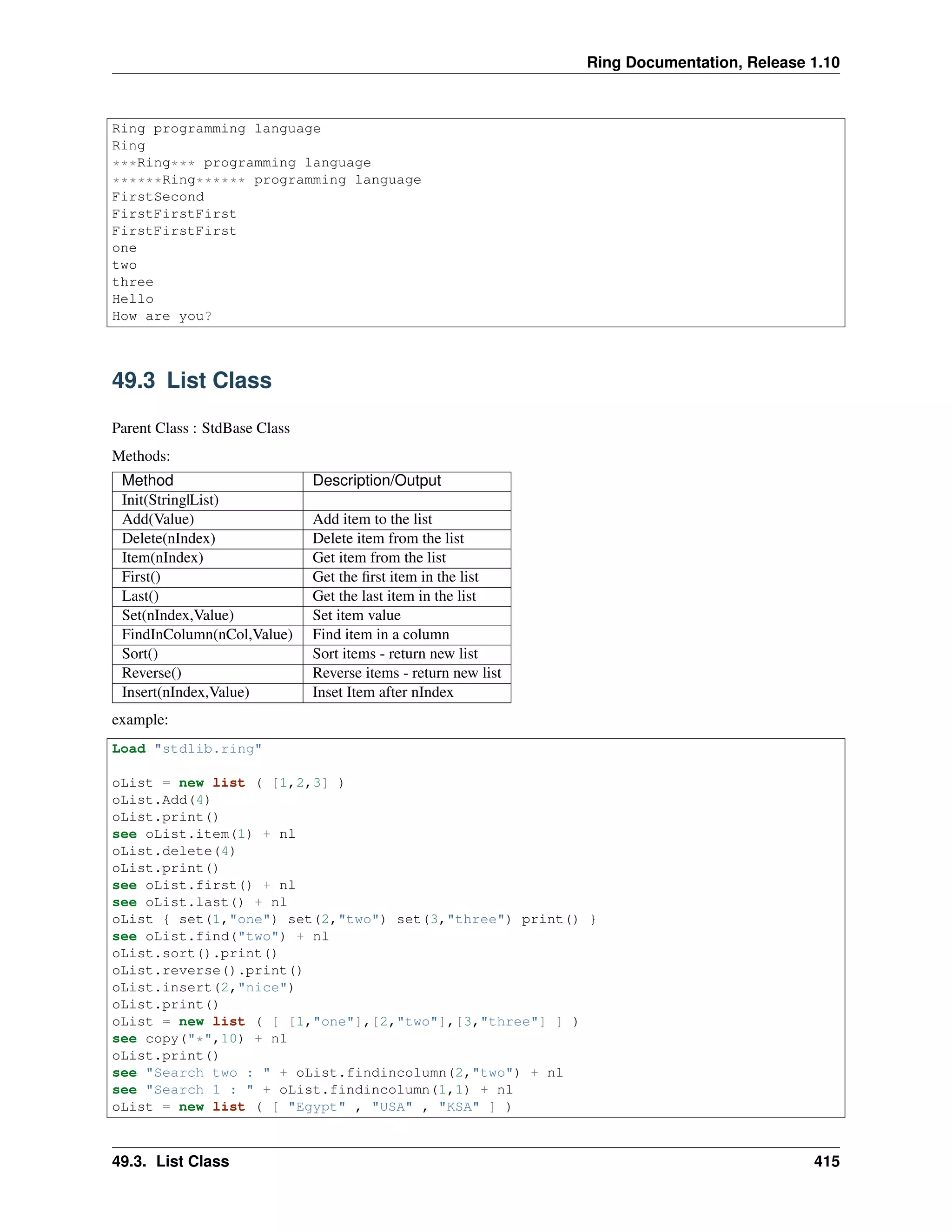 Ring Documentation, Release 1.10
Ring programming language
Ring
***Ring*** programming language
******Ring****** programming language
FirstSecond
FirstFirstFirst
FirstFirstFirst
one
two
three
Hello
How are you?
49.3 List Class
Parent Class : StdBase Class
Methods:
Method Description/Output
Init(String|List)
Add(Value) Add item to the list
Delete(nIndex) Delete item from the list
Item(nIndex) Get item from the list
First() Get the ﬁrst item in the list
Last() Get the last item in the list
Set(nIndex,Value) Set item value
FindInColumn(nCol,Value) Find item in a column
Sort() Sort items - return new list
Reverse() Reverse items - return new list
Insert(nIndex,Value) Inset Item after nIndex
example:
Load "stdlib.ring"
oList = new list ( [1,2,3] )
oList.Add(4)
oList.print()
see oList.item(1) + nl
oList.delete(4)
oList.print()
see oList.first() + nl
see oList.last() + nl
oList { set(1,"one") set(2,"two") set(3,"three") print() }
see oList.find("two") + nl
oList.sort().print()
oList.reverse().print()
oList.insert(2,"nice")
oList.print()
oList = new list ( [ [1,"one"],[2,"two"],[3,"three"] ] )
see copy("*",10) + nl
oList.print()
see "Search two : " + oList.findincolumn(2,"two") + nl
see "Search 1 : " + oList.findincolumn(1,1) + nl
oList = new list ( [ "Egypt" , "USA" , "KSA" ] )
49.3. List Class 415
 