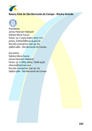 Rotary Club de São Bernardo do Campo ‐ Riacho Grande 
 


         
Presidente 
James Paterson Halliwell 
Sidnéia Maria Faccio 
Fones: 55 11 2423‐6148 / 9157‐1171 
james_halliwell@furp.sp.gov.br 
Rua das Laranjeiras 1241 ap. 63 
09820‐480 ‐ São Bernardo do Campo 
 
Secretário 
Sidnéia Maria Faccio 
James Paterson Halliwell 
Fones: 55 11 7865‐5869 / 7668‐3436 
sifaccio@hotmail.com 
Rua das Laranjeiras 1241 ap. 63 
09820‐480 ‐ São Bernardo do Campo 
 




                                                        105 
 