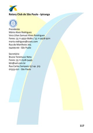 Rotary Club de São Paulo ‐ Ipiranga 
 


          
Presidente 
Mário Alves Rodrigues 
Vera Lilian Samuel Alves Roidrigues 
Fones: 55 11 4932‐8080 / 55 11 9978‐9211 
mario.rodrigues@coats.com 
Rua do Manifesto 705 
04209‐00 ‐ São Pualo 
 
Secretário 
Bruno Teremussi Neto 
Fones: 55 11 2528‐5449 
btn@uol.com.br 
Rua Carlos Sampaio 157 ap. 313 
01333‐021 ‐ São Paulo 
 




                                            117 
 