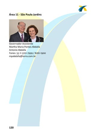 Área 11 ‐ São Paulo Jardins 
 




                                 
Governador Assistente 
Martha Maria Pontes Abdalla 
Antonio Abdalla 
Fones: 55 11 3721‐7999 / 8261‐1900 
mpabdalla@terra.com.br 
 




120 
 