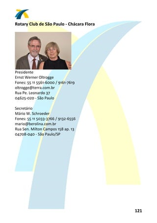 Rotary Club de São Paulo ‐ Chácara Flora 
 




                                 
Presidente 
Ernst Werner Oltrogge 
Fones: 55 11 5561‐6000 / 9161‐7619 
oltrogge@terra.com.br 
Rua Pe. Leonardo 37 
04625‐020 ‐ São Paulo 
 
Secretário 
Mário W. Schroeder 
Fones: 55 11 5033‐3766 / 9132‐6556 
mario@berolina.com.br 
Rua Sen. Milton Campos 158 ap. 13 
04708‐040 ‐ São Paulo/SP 
 




                                            121 
 